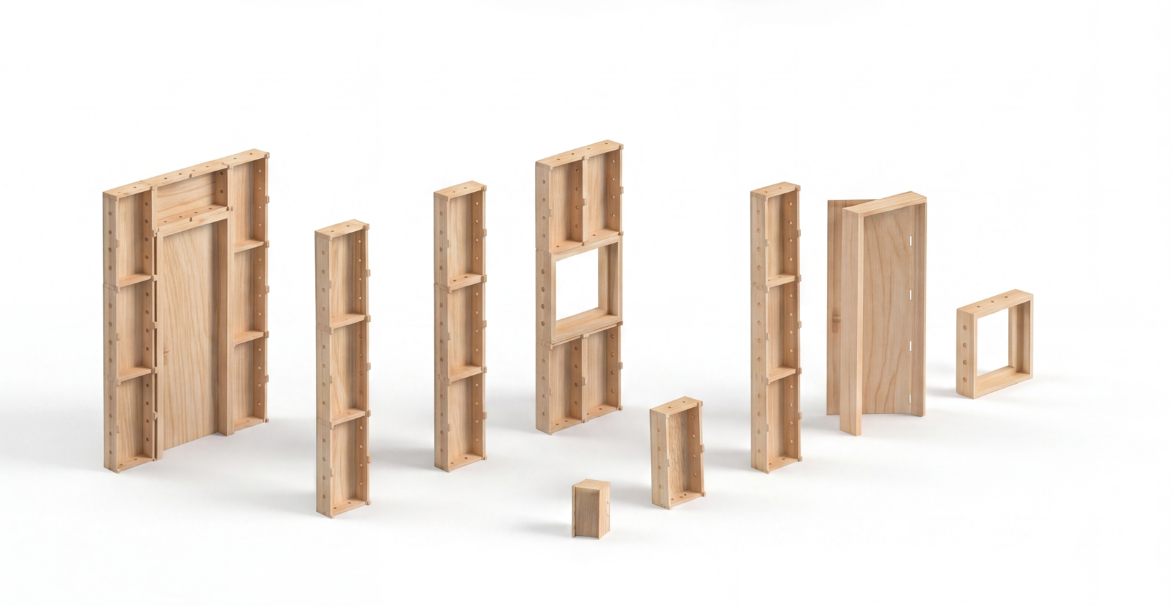 The Brixel kit of parts: door frame, wall slabs with windows, posts, beams, small box and panels in plywood
