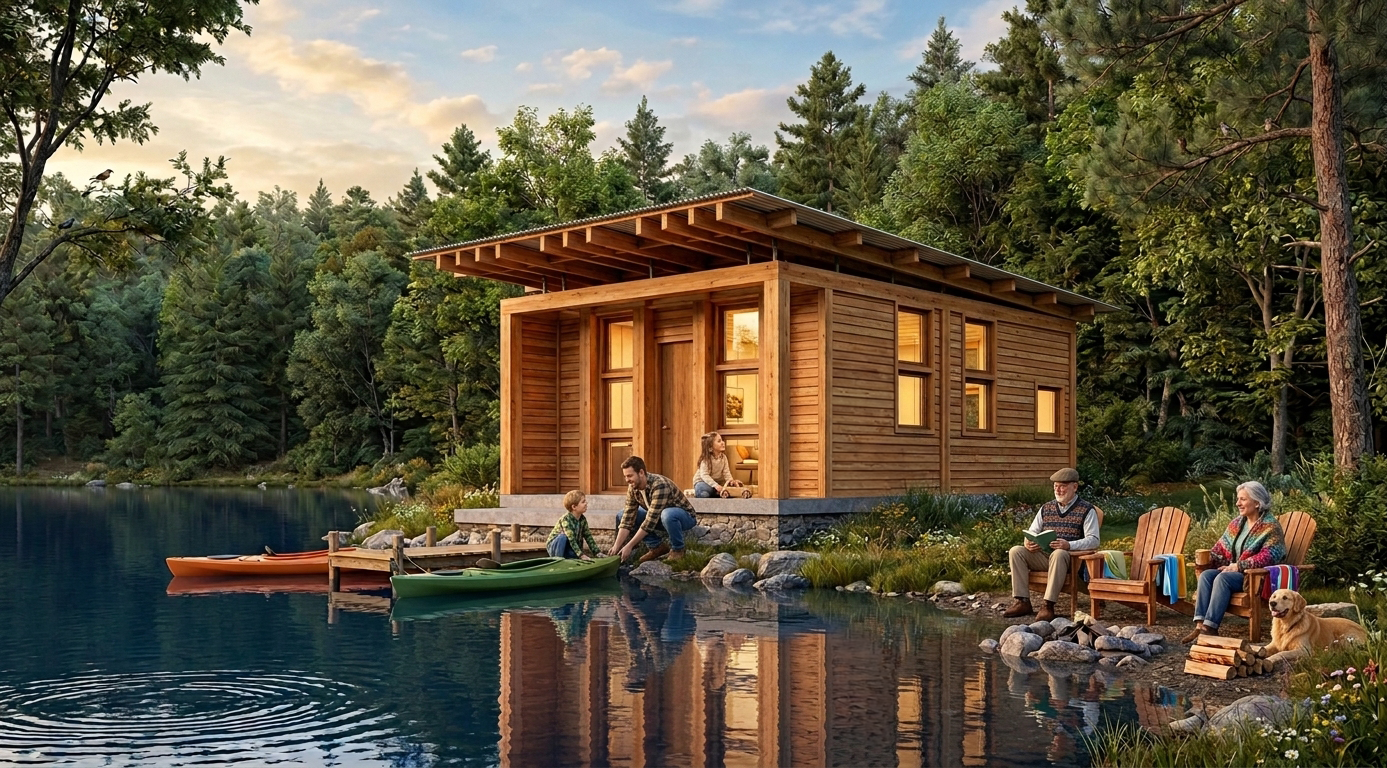 Family on a dock by a Brixel cabin at dusk, with canoes pulled up on the bank